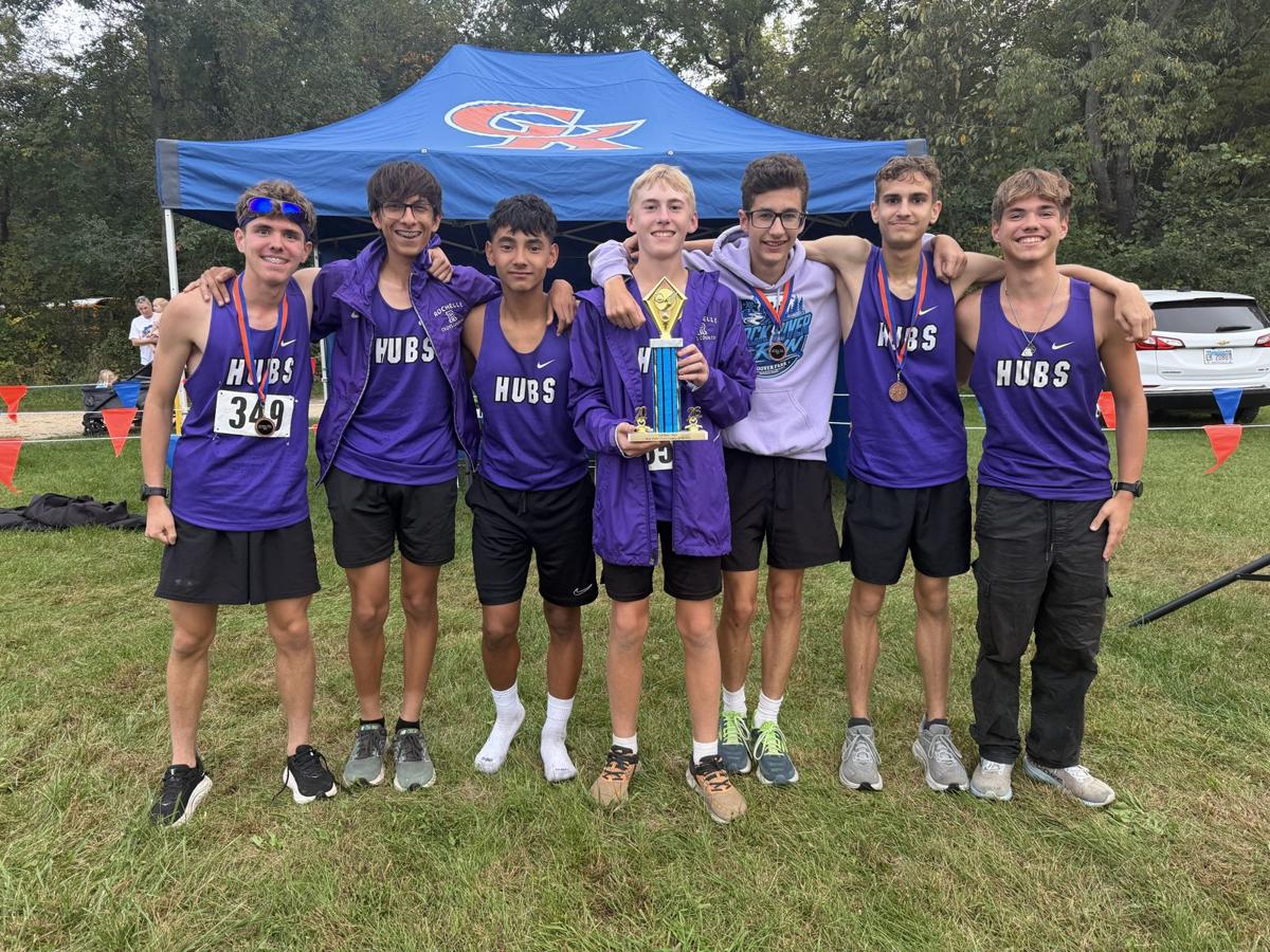 Rochelle Hubs cross country team with their trophy at the Matt Walter Invite, September 2026
